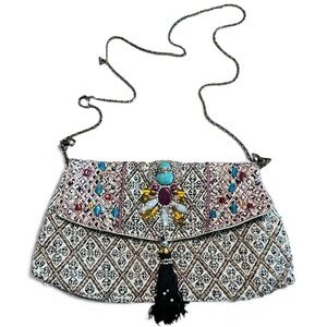 Beaded Boho Embellished Clutch Crossbody Bag w/ Chain Strap + Tassel Festival